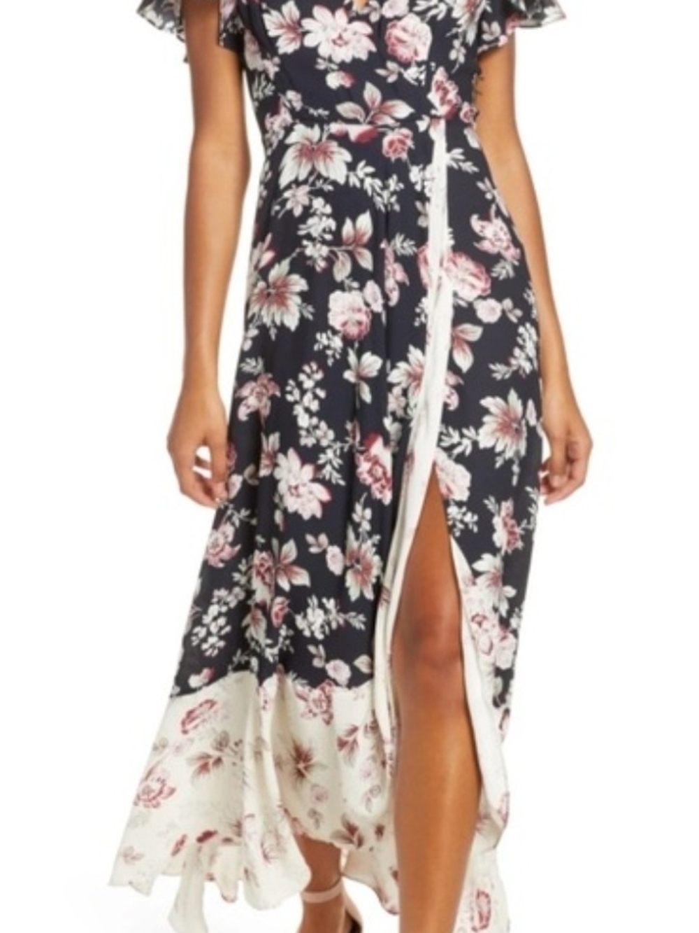French Connection Black Floral Maxi Dress with Blush Accents